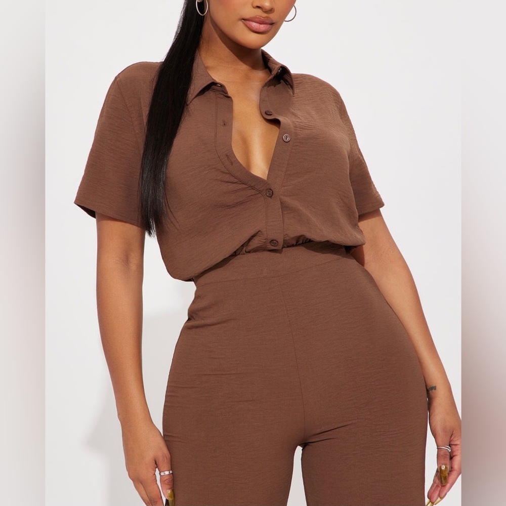 Fashion Nova Wide Leg Jumpsuit Short Sleeve Chocolate Brown Size 1X - Picture 2 of 16